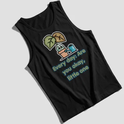 Kawaii cartoon t-shirt with sad potted plant illustration and text — printed on a tank top