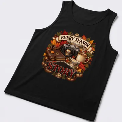 Detailed illustration of autumn leaves, a camera, and a coffee mug around the phrase Every Season tells a Story — printed on a tank top