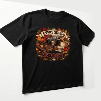 Detailed illustration of autumn leaves, a camera, and a coffee mug around the phrase Every Season tells a Story — printed on a unisex t-shirt (angled view)