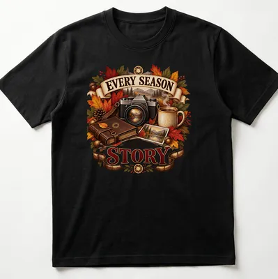 Detailed illustration of autumn leaves, a camera, and a coffee mug around the phrase Every Season tells a Story — printed on a unisex t-shirt