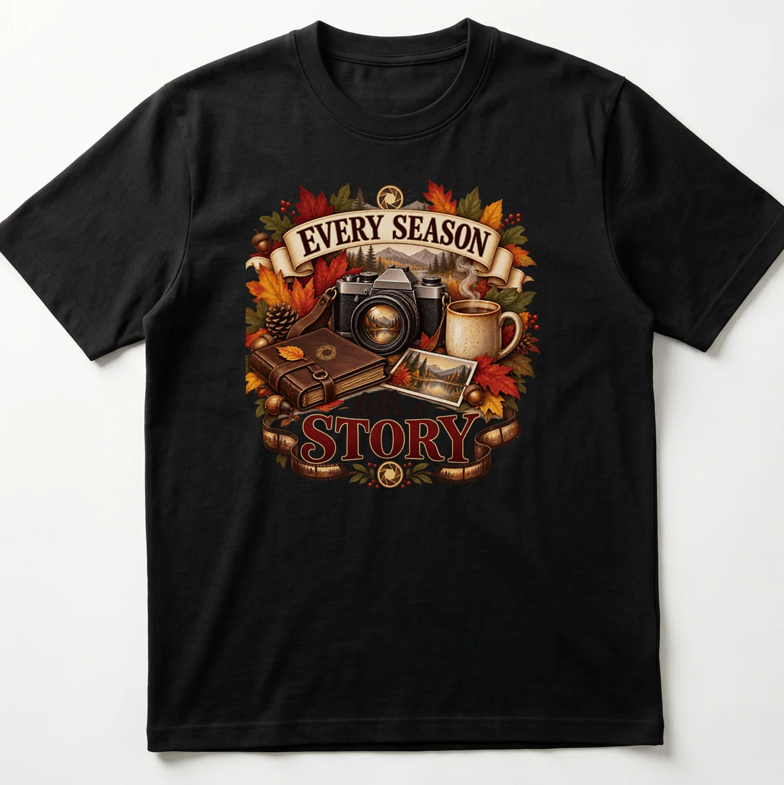 Detailed illustration of autumn leaves, a camera, and a coffee mug around the phrase Every Season tells a Story — printed on a unisex t-shirt