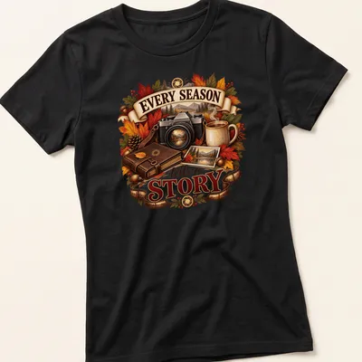 Detailed illustration of autumn leaves, a camera, and a coffee mug around the phrase Every Season tells a Story — printed on a women's shirt
