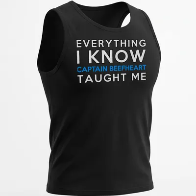 Bold typography shirt featuring Captain Beefheart with blue and white text on black — printed on a tank top