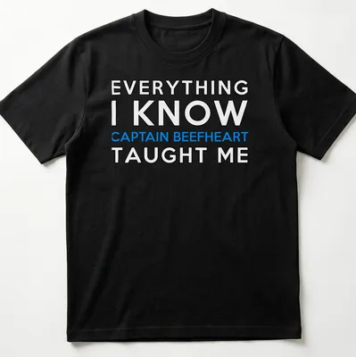 Bold typography shirt featuring Captain Beefheart with blue and white text on black