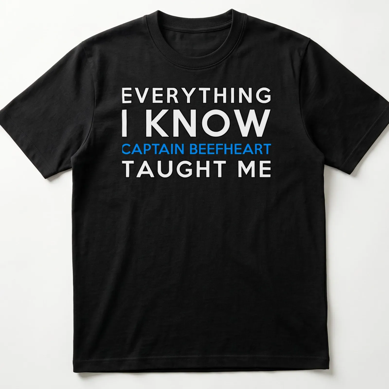 Bold typography shirt featuring Captain Beefheart with blue and white text on black — printed on a unisex t-shirt