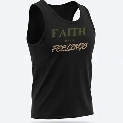 Bold vintage print of 'FAITH over FEELINGS' in green, brown, and tan typography — printed on a tank top