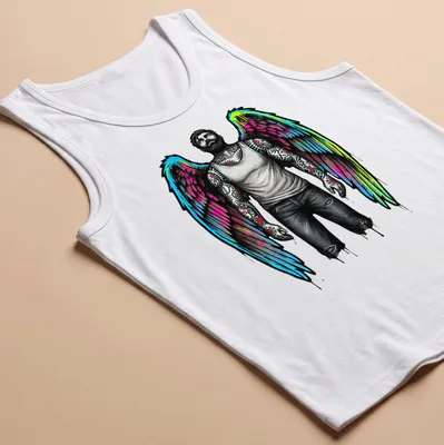 Tattooed man with angel wings in graffiti style on a — printed on a tank top