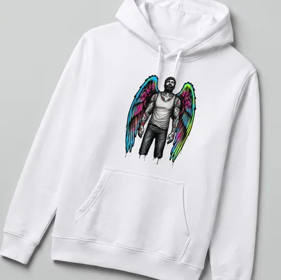 Tattooed man with angel wings in graffiti style on a — printed on a unisex hoodie