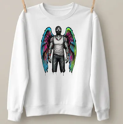 Tattooed man with angel wings in graffiti style on a — printed on a unisex sweatshirt