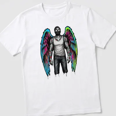 Tattooed man with angel wings in graffiti style on a t-shirt