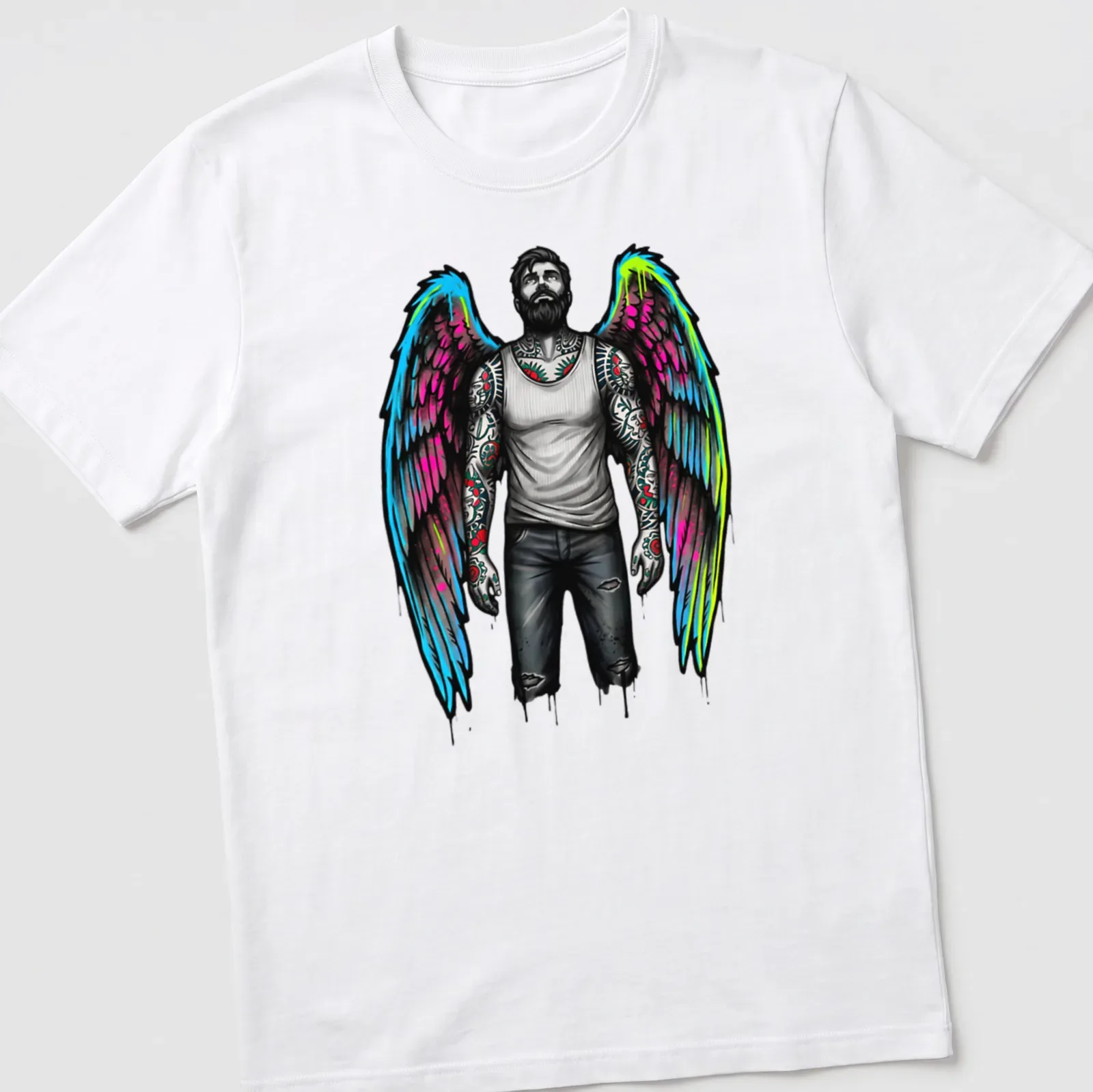 Tattooed man with angel wings in graffiti style on a — printed on a unisex t-shirt