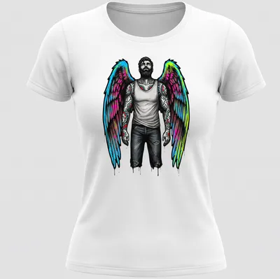 Tattooed man with angel wings in graffiti style on a — printed on a women's shirt