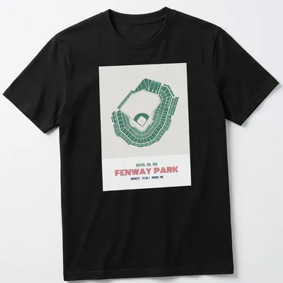 Vintage Fenway Park map T-shirt featuring capacity and opening year details — printed on a unisex t-shirt