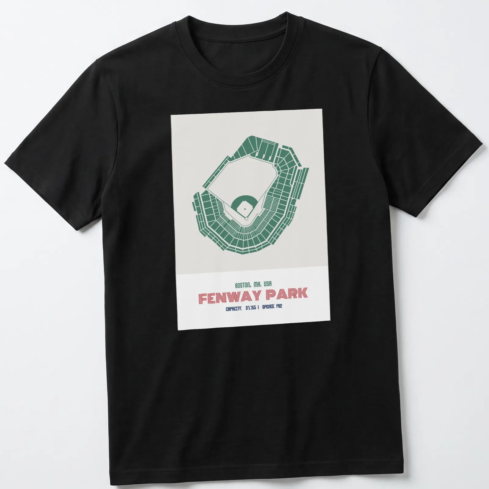 Vintage Fenway Park map T-shirt featuring capacity and opening year details — printed on a unisex t-shirt