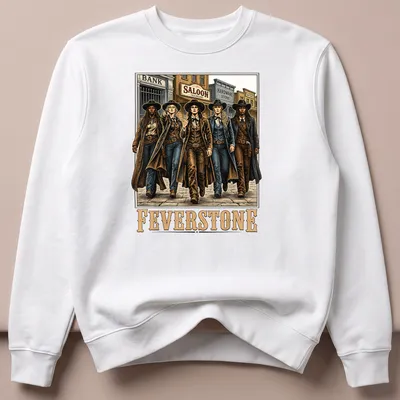Vintage western tee featuring cowgirls with the printed text FEVERSTONE — printed on a unisex sweatshirt