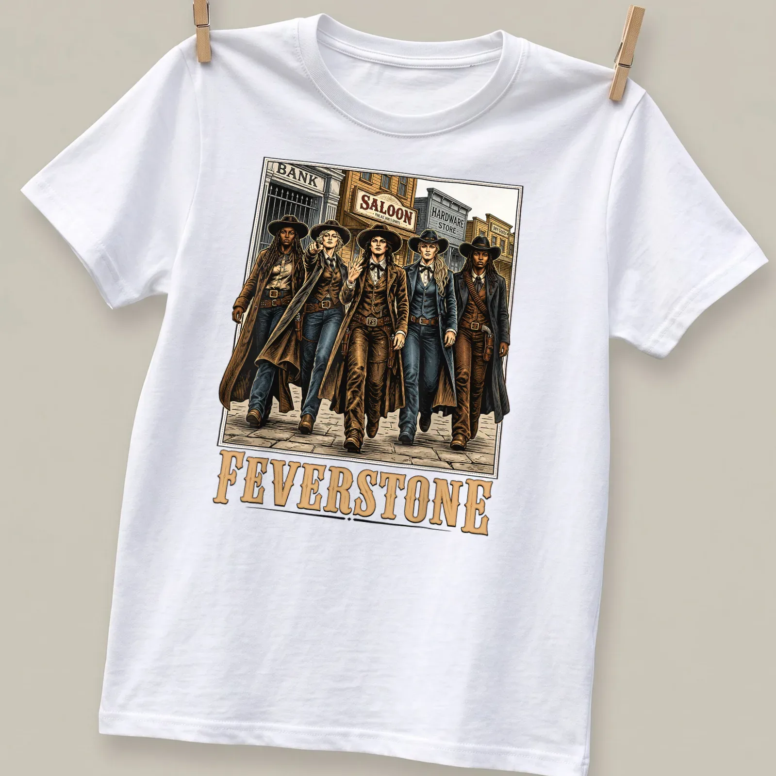 Vintage western tee featuring cowgirls with the printed text FEVERSTONE — printed on a unisex t-shirt