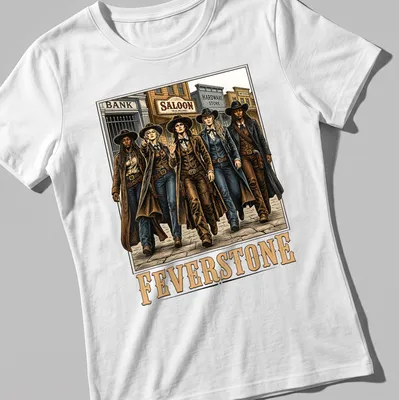 Vintage western tee featuring cowgirls with the printed text FEVERSTONE — printed on a women's shirt