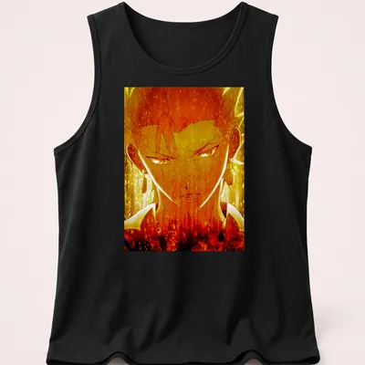 Anime-style illustration of Fierce Gilgamesh in gold, orange, black, and white — printed on a tank top