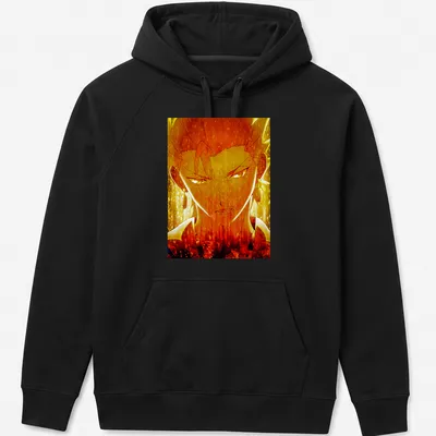 Anime-style illustration of Fierce Gilgamesh in gold, orange, black, and white — printed on a unisex hoodie