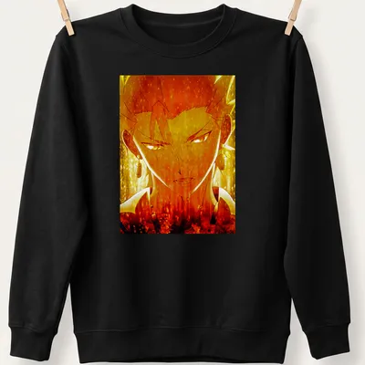 Anime-style illustration of Fierce Gilgamesh in gold, orange, black, and white — printed on a unisex sweatshirt