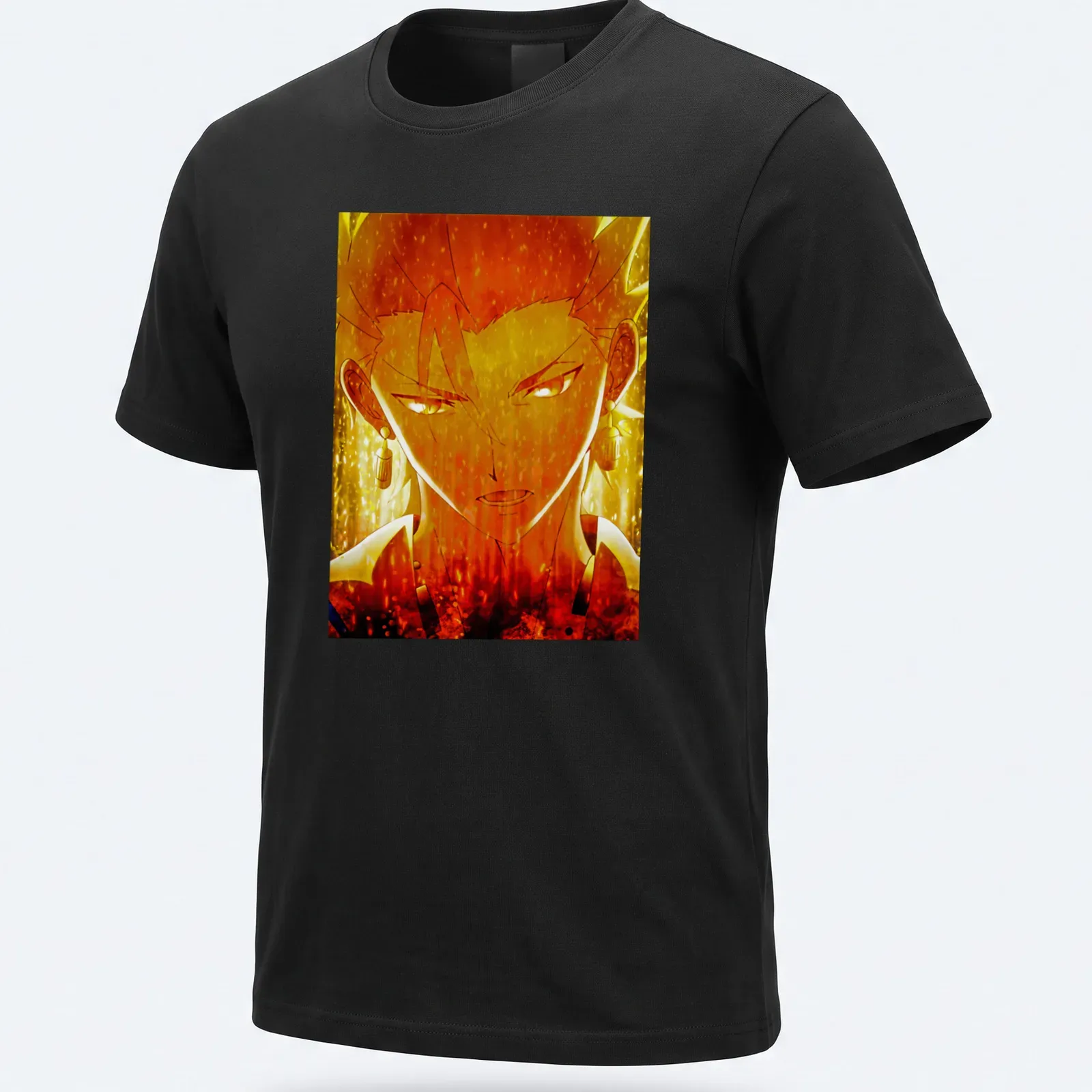 Anime-style illustration of Fierce Gilgamesh in gold, orange, black, and white — printed on a unisex t-shirt