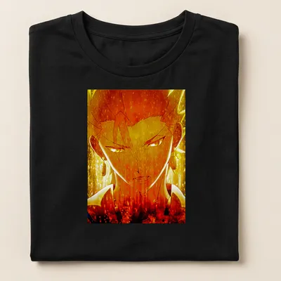 Anime-style illustration of Fierce Gilgamesh in gold, orange, black, and white — printed on a women's shirt