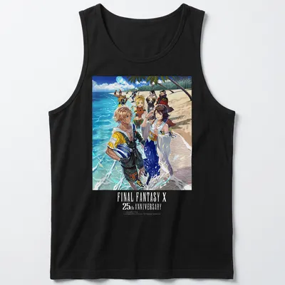 Colorful illustration of FINAL FANTASY X characters with anniversary text — printed on a tank top