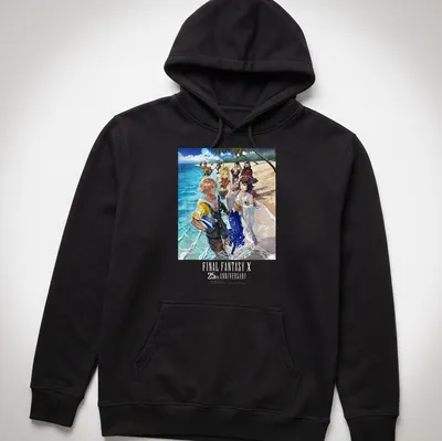 Colorful illustration of FINAL FANTASY X characters with anniversary text — printed on a unisex hoodie