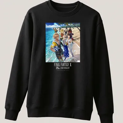 Colorful illustration of FINAL FANTASY X characters with anniversary text — printed on a unisex sweatshirt