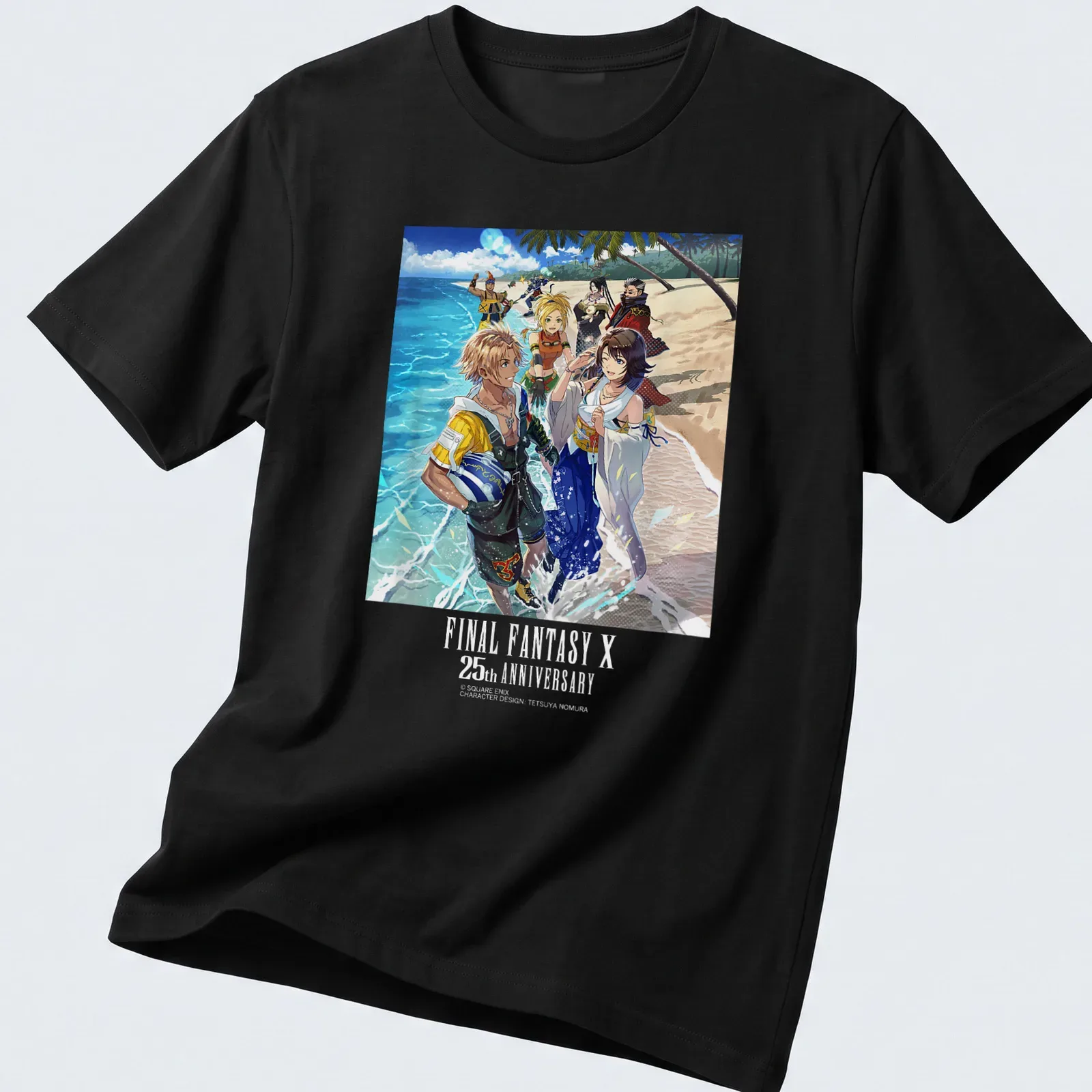 Colorful illustration of FINAL FANTASY X characters with anniversary text — printed on a unisex t-shirt