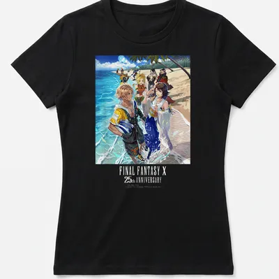 Colorful illustration of FINAL FANTASY X characters with anniversary text — printed on a women's shirt
