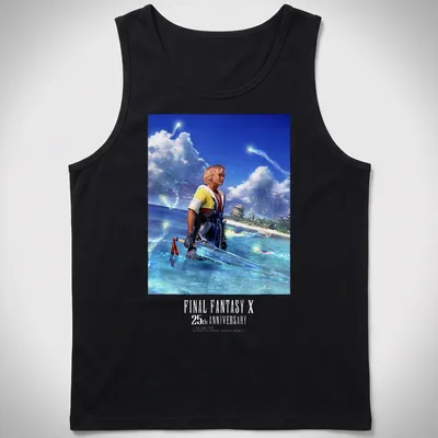 CG art of Tidus from Final Fantasy X with anniversary text in blue and yellow — printed on a tank top
