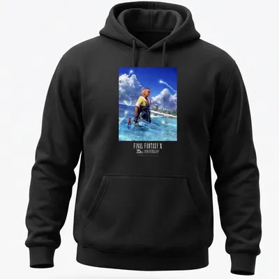 CG art of Tidus from Final Fantasy X with anniversary text in blue and yellow — printed on a unisex hoodie
