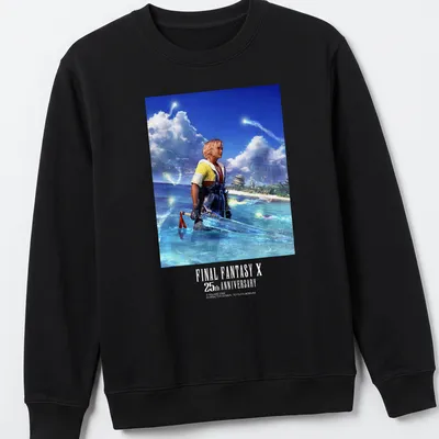 CG art of Tidus from Final Fantasy X with anniversary text in blue and yellow — printed on a unisex sweatshirt