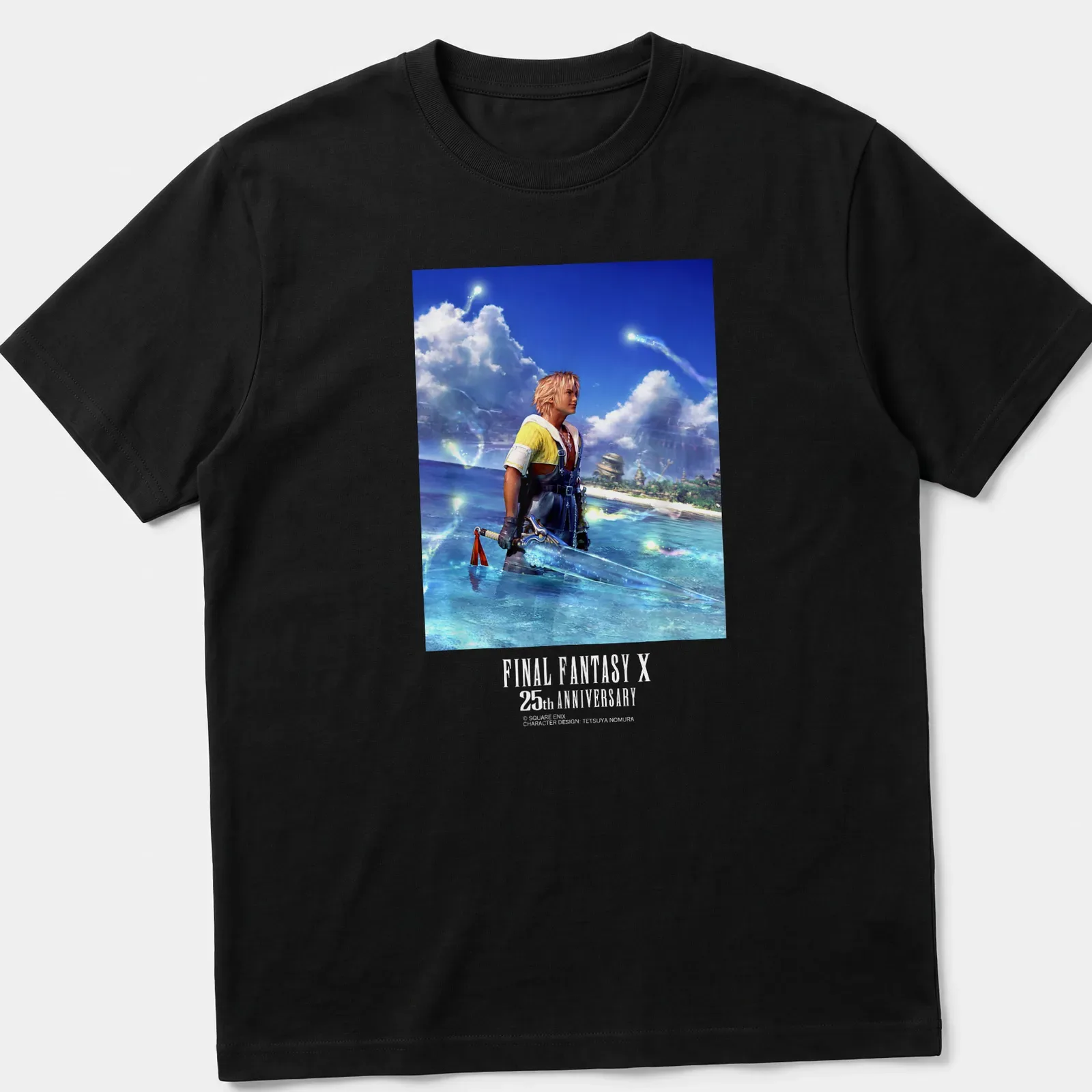 CG art of Tidus from Final Fantasy X with anniversary text in blue and yellow — printed on a unisex t-shirt