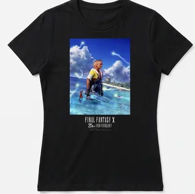 CG art of Tidus from Final Fantasy X with anniversary text in blue and yellow — printed on a women's shirt