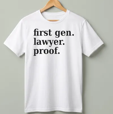 Bold typography t-shirt celebrating first-generation lawyers with black text on white background