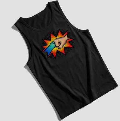 Comic style illustration of a human hand and cat paw fist bumping — printed on a tank top