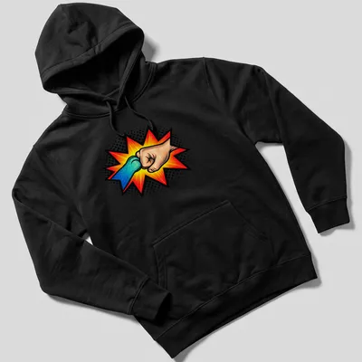 Comic style illustration of a human hand and cat paw fist bumping — printed on a unisex hoodie