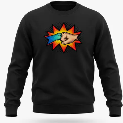 Comic style illustration of a human hand and cat paw fist bumping — printed on a unisex sweatshirt