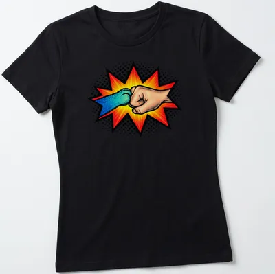 Comic style illustration of a human hand and cat paw fist bumping — printed on a women's shirt