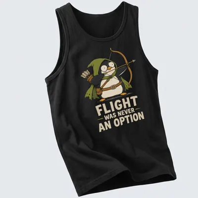 Cartoon penguin archer with text Flight Was Never An Option in playful colors — printed on a tank top
