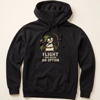 Cartoon penguin archer with text Flight Was Never An Option in playful colors — printed on a unisex hoodie