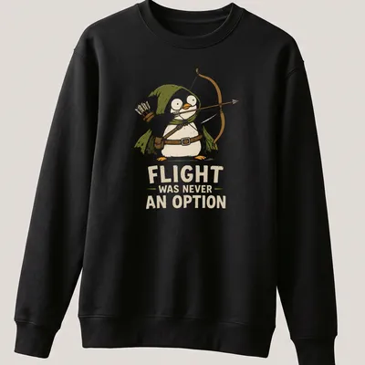 Cartoon penguin archer with text Flight Was Never An Option in playful colors — printed on a unisex sweatshirt