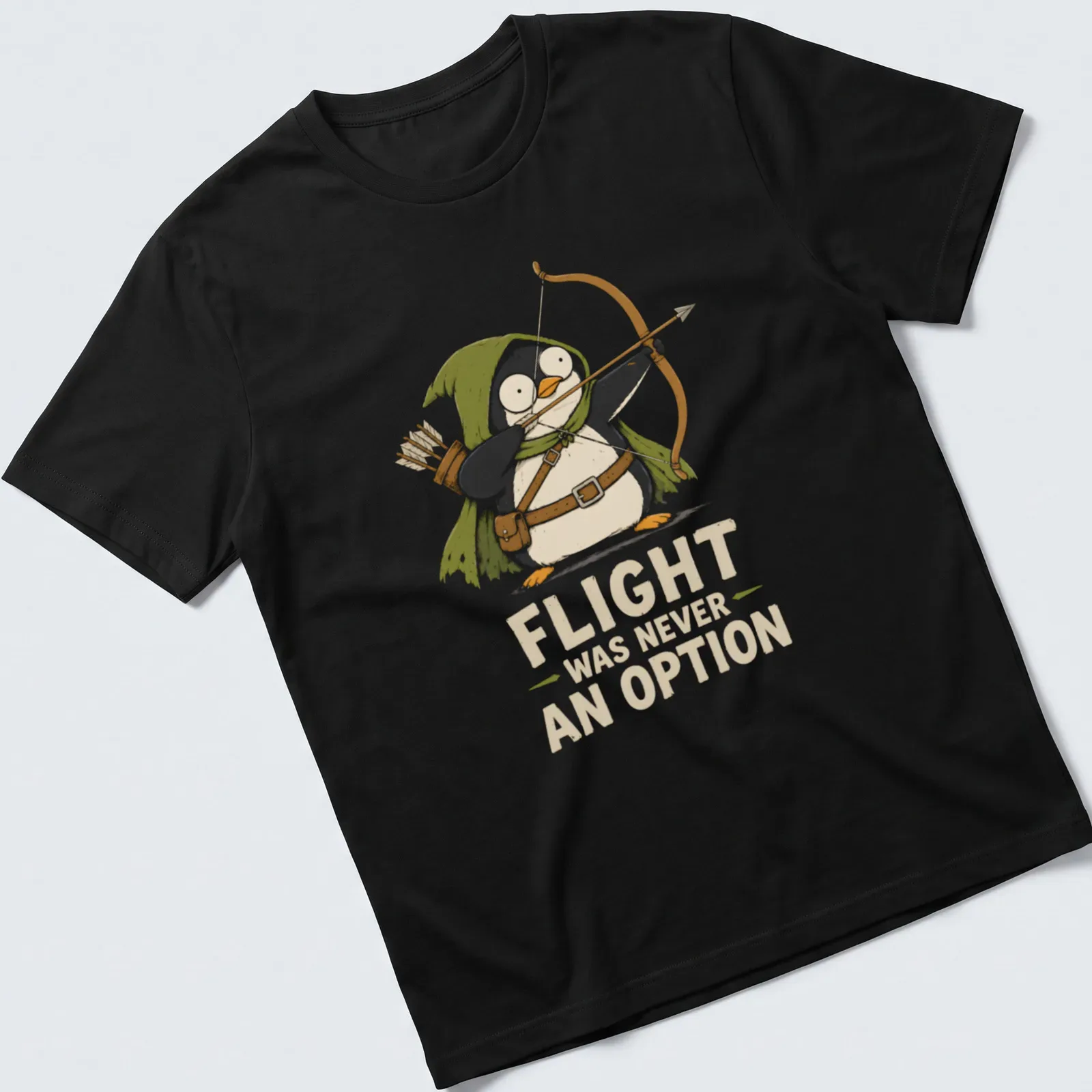 Cartoon penguin archer with text Flight Was Never An Option in playful colors — printed on a unisex t-shirt