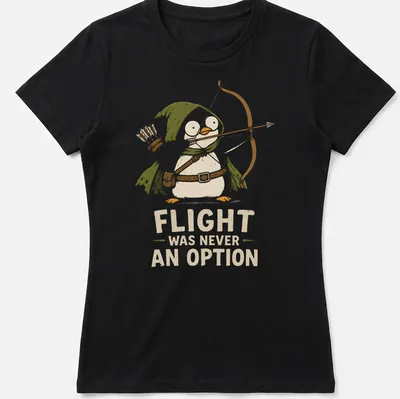 Cartoon penguin archer with text Flight Was Never An Option in playful colors — printed on a women's shirt