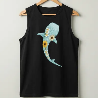 Kawaii illustration of a whale shark surrounded by sunflowers and plumerias in light blue and yellow — printed on a tank top