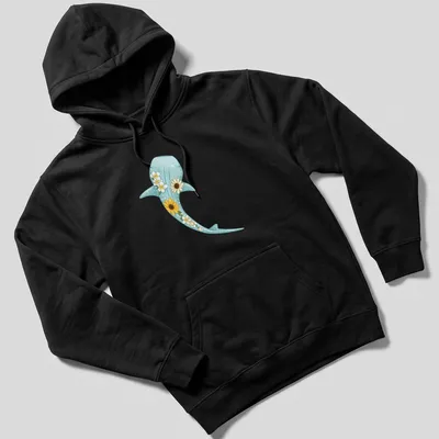 Kawaii illustration of a whale shark surrounded by sunflowers and plumerias in light blue and yellow — printed on a unisex hoodie