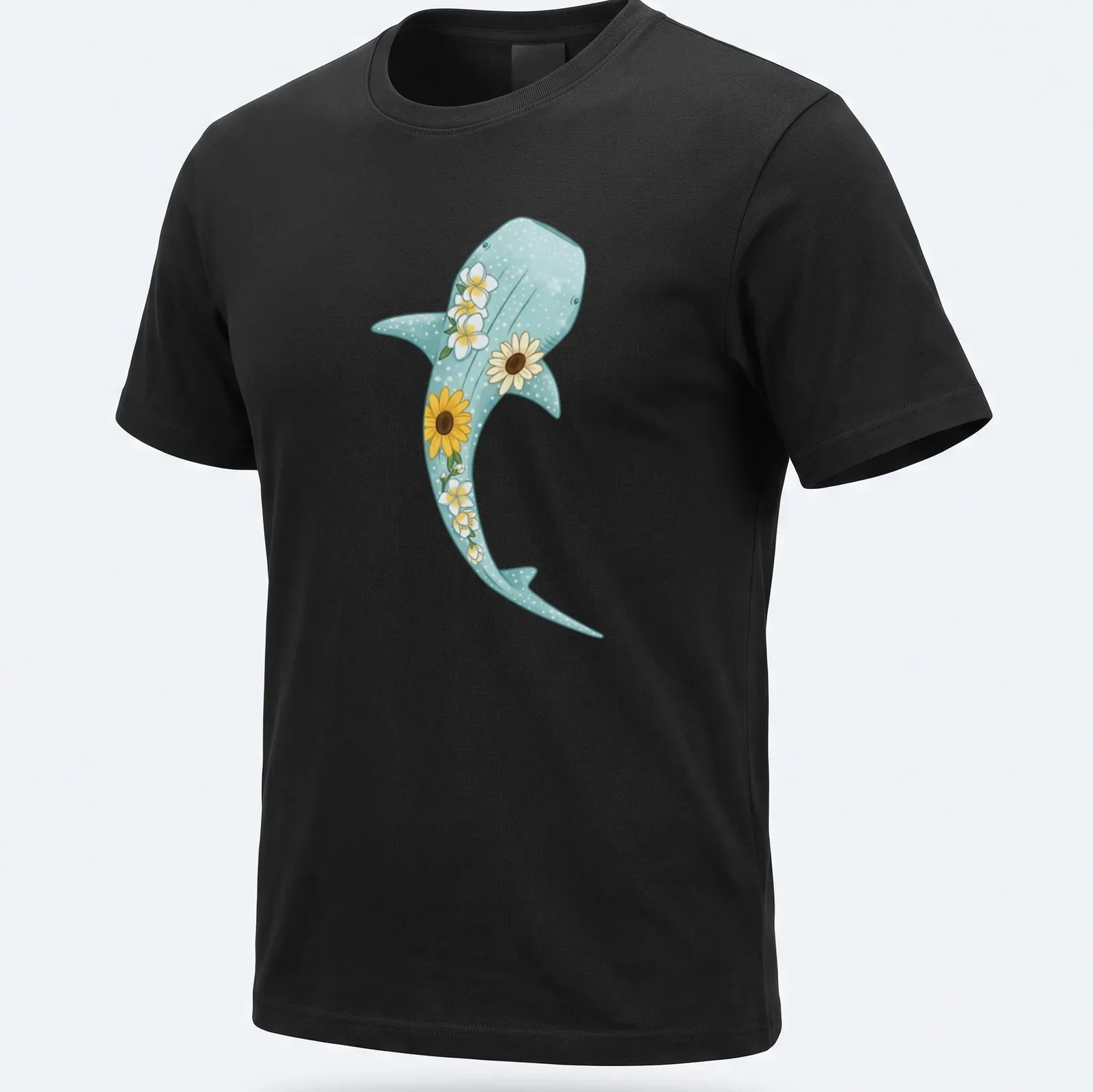 Kawaii illustration of a whale shark surrounded by sunflowers and plumerias in light blue and yellow — printed on a unisex t-shirt