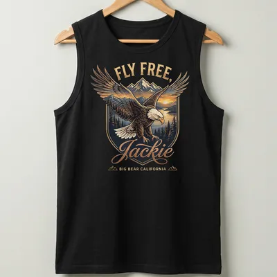 Vintage emblem print featuring a Bald Eagle with the text Fly Free, Jackie Big Bear California — printed on a tank top